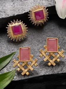AMI Set Of 2 Gold-Plated Artificial Stones Studded Square Shaped Studs