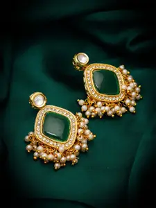 Anouk Gold Plated Kundan Stones Studded & Beaded Square Drop Earrings