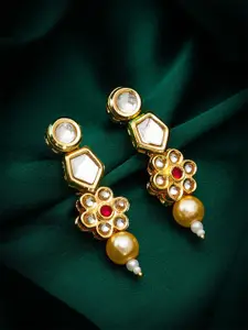 Anouk Gold-Plated Artificial Stones Studded And Beaded Geometric Drop Earrings