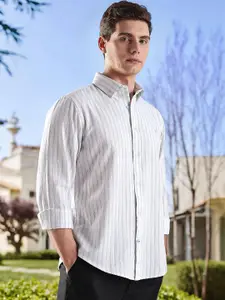 Nautica Striped Button-Down Collar Premium Fit Cotton Linen Casual Shirt