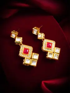 Anouk Gold-Plated Kundan & Artificial Stones Studded Diamond Shaped Drop Earrings