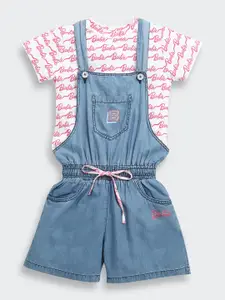 Tiny Girl Girls Barbie Printed Pure Cotton Dungaree With T-Shirt