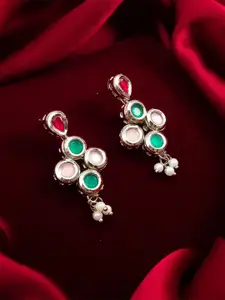 Anouk Silver Artificial Stones Studded And Beaded Enamelled Geometric Drop Earrings