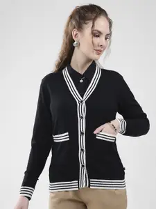 Monte Carlo Women Colourblocked V Neck Full Sleeves Woollen Cardigan Sweaters