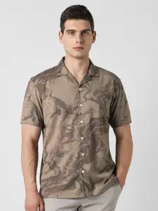 V Dot Men Abstract Printed Cuban Collar Casual Shirt