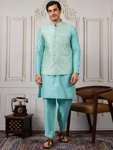 House of Pataudi Woven Embroidered Kurta & Trousers With Nehru Jacket