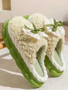 WOLVESDEN Women Self Design Bow Detailed Slip On Winter Warm Thick Bottom Room Slipper