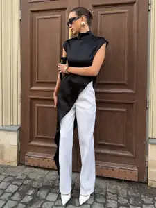 StyleCast Women High Neck Cap Sleeves Satin Asymmetrical Hem Longline Top