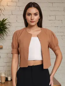 Style Quotient Self Design Short Puffed Sleeves Cotton Crop Shrug