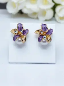 AVANT-GARDE PARIS Gold-Plated Artificial Stones Studded & Pearls Beaded Floral Studs