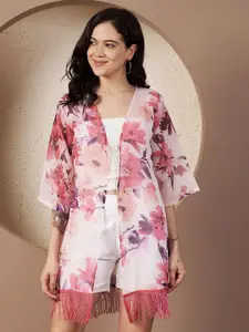 Fbella Floral Printed V-Neck Chiffon Open Front Shrug