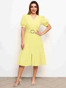 MARC LOUIS Women V-Neck Schiffli Detail Embroidered Puff Sleeve Midi Fit and Flare Dress