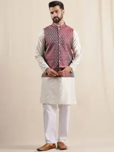 Anouk Men Floral Embroidered Band Collar Kurta with Pyjamas & Nehru Jacket