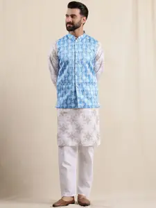 Anouk Geometric Printed Linen Straight Kurta With Pyjamas & Nehru Jacket