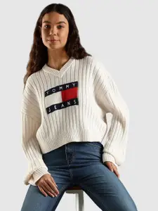 Tommy Hilfiger Women Brand Logo V-Neck Printed Pullover