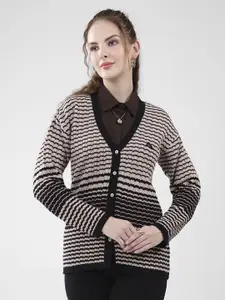 Monte Carlo Women Striped Self Design V Neck Full Sleeves Woollen Cardigan Sweaters