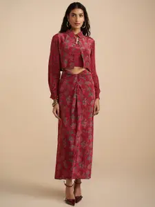 Global Desi Printed Top With Skirt & Jacket Co-Ords