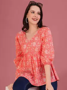 Dream Beauty Fashion Women Floral Printed Puff Sleeve Cinched Waist Top