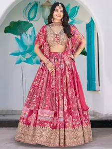 FABPIXEL Prrinted Zari Chinnon Silk Semi-Stitched Lehenga & Unstitched Blouse With Dupatta