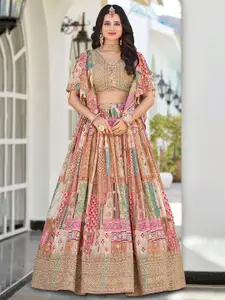 FABPIXEL Prrinted Zari Chinnon Silk Semi-Stitched Lehenga & Unstitched Blouse With Dupatta