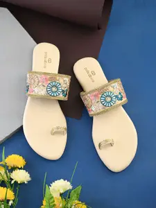 pelle albero Women Woven Design Open Toe Flats With Ethnic - Embellished