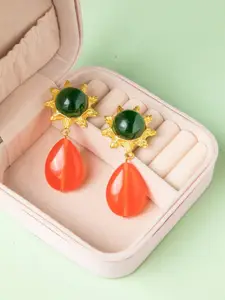 Niscka Gold-Plated Artificial Stones Studded Teardrop Shaped Drop Earrings