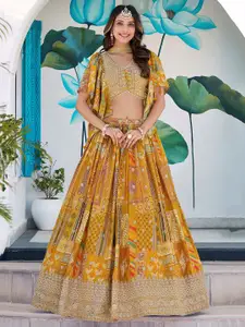 FABPIXEL Prrinted Zari Chinnon Silk Semi-Stitched Lehenga & Unstitched Blouse With Dupatta
