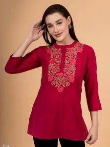 Saffron Threads Women Floral Embroidered Mandarin Collar Neck Straight Short Kurti