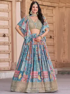 FABPIXEL Prrinted Zari Chinnon Silk Semi-Stitched Lehenga & Unstitched Blouse With Dupatta