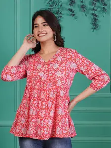 Dream Beauty Fashion Women V-Neck Floral Print Puff Sleeve Peplum Top