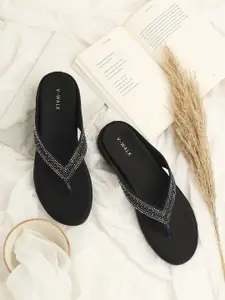 V-WALK Women Stone Embellished Open Toe T-Strap Flats with Western - Embellished