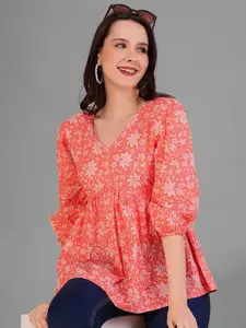 Dream Beauty Fashion Women Floral Printed Gathered Puff Sleeve Peplum Top-60-mahi-peach