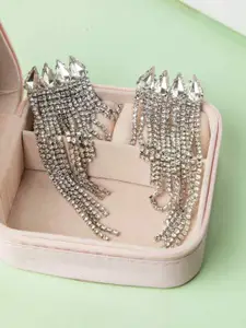 Niscka Rhodium-Plated Cubic Zircon Studded Contemporary Tasselled Drop Earrings