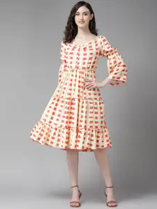 BAESD Women Geometric Printed Bell Sleeves Georgette Fit & Flare Midi Dress