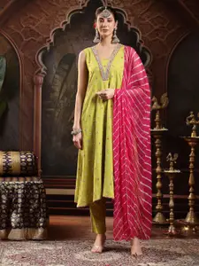 Stylum Women Bandhani Printed Bandhej A-Line Thread Work Pastels Kurta With Dupatta