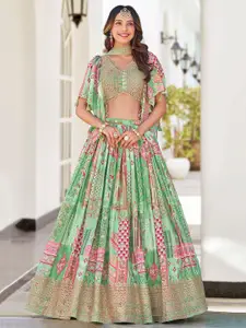 FABPIXEL Prrinted Zari Chinnon Silk Semi-Stitched Lehenga & Unstitched Blouse With Dupatta