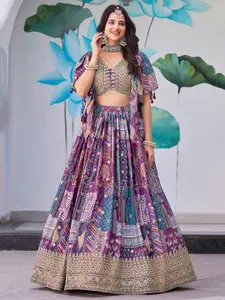 FABPIXEL Prrinted Zari Chinnon Silk Semi-Stitched Lehenga & Unstitched Blouse With Dupatta