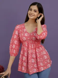 Dream Beauty Fashion Women Floral Printed Puff Sleeve Peplum Top