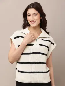 NoBarr Women Open Knit Self Design Shirt Collar Pullover