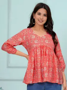 Dream Beauty Fashion Women Floral Printed Puff Sleeve Cinched Waist Top