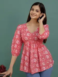 Dream Beauty Fashion Women Floral Print V neck Puff Sleeve Peplum Top