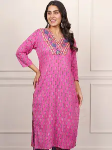 Navyas Fashion Floral Yoke Design V-Neck Thread Work Cotton Straight Kurta