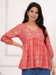 Dream Beauty Fashion Women Floral Printed Puff Sleeve Pleated Detail Empire Top