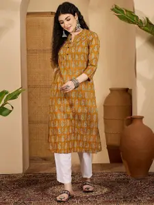 Sangria Floral Printed Mandarin Collar Pure Cotton Straight Kurta