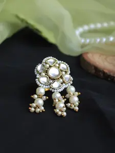 BeAbhika Gold-Plated Kundan-Studded & Pearl Beaded Finger Ring
