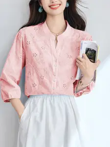 StyleCast Women Floral Embroidered V-Neck Schifli Cotton Top