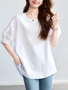 StyleCast Women Lace Insert Round Neck Short Sleeve Cotton Top