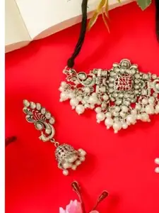 Sangria Silver-Toned Oxidised Necklace and Earrings