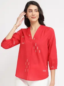 Pink Fort Women Geometric Printed Cotton V-Neck Top - Red