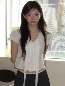 StyleCast Women Cotton V-Neck Puff Sleeves Crop Tops